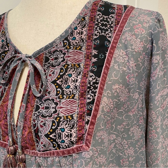 Knox Rose Boho Peasant Blouse XL Velvet Paisley Tassels Statement Sleeves Fairy - Picture 9 of 15